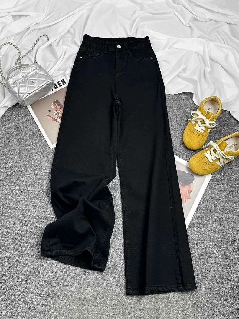 Black High-Waist Jeans for Women Straight Leg Wide Leg Floor-Length Trousers, Student Fashion