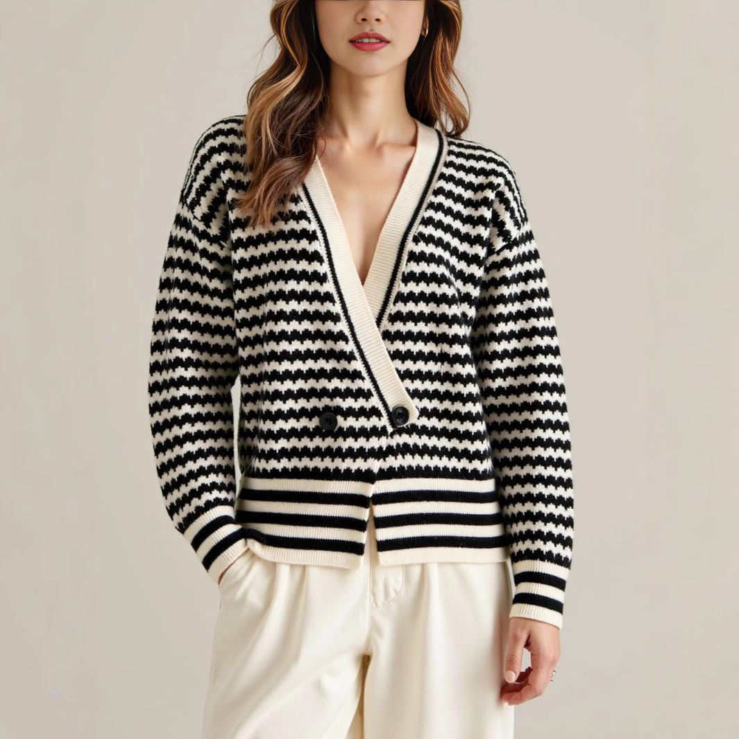 V-neck Knitted Cardigan with Single Button Closure, Striped Color-block Sweater for Women