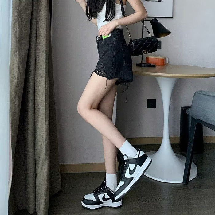 Black Denim Shorts Women Raw Hem High Waist Summer A-Line Slim Fit Trendy Ripped Hot Pants for Petite
