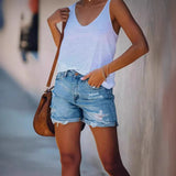 Street Style Ripped Straight Leg Wide Leg Denim Shorts for Women