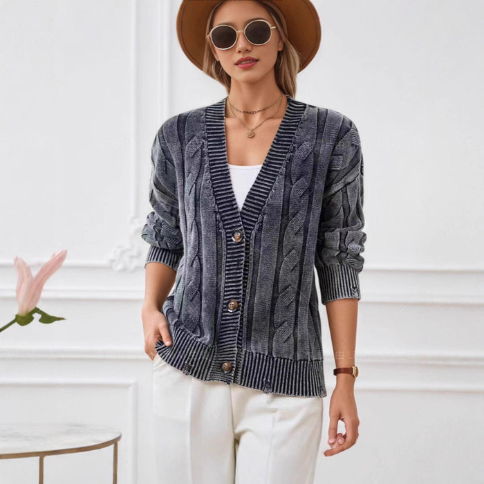 Style vintage knitted cardigan for women, loose V-neck long sleeve sweater coat