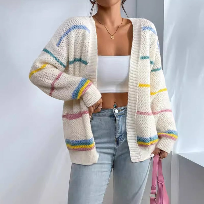 Clothing  Autumn/Winter Rainbow Stripe Knit Cardigan Women's Sweater Fashion Loose Casual Versatile Knit Outerwear