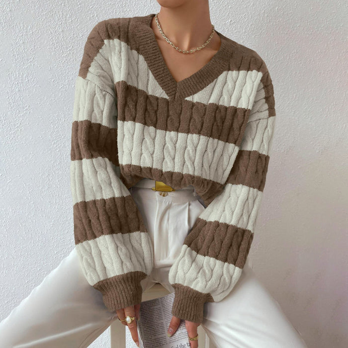 Autumn Winter Knitwear Fashion Vintage Striped Color-block Sweater Loose Casual Versatile Top