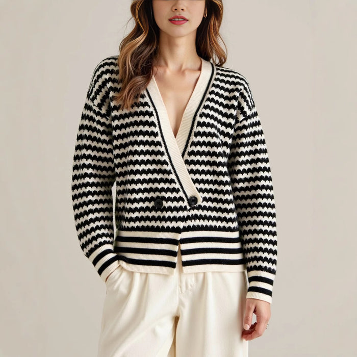 V-neck Knitted Cardigan with Single Button Closure, Striped Color-block Sweater for Women