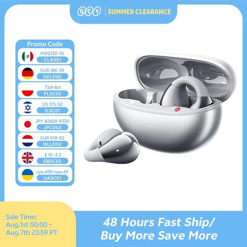 QCY Crossky C30S Open Ear Wireless Earphones Hi-Res with LDAC Ear Clip Earbuds Bluetooth 6.0 Clip On OWS Sports Headphones 40Hrs - Electrosphere South Africa