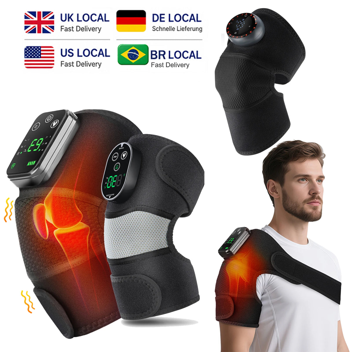 Heated Vibration Knee Massager Cordless Rechargeable 3-in-1 Shoulder & Elbow Support with Timer Electric Portable Brace
