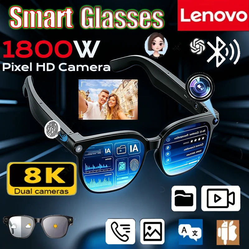 Lenovo 1800MP AI Smart 8K Wireless Glasses Bluetooth Sunglasses Remote Control Touch Photo Recording Voice Assistant Translator