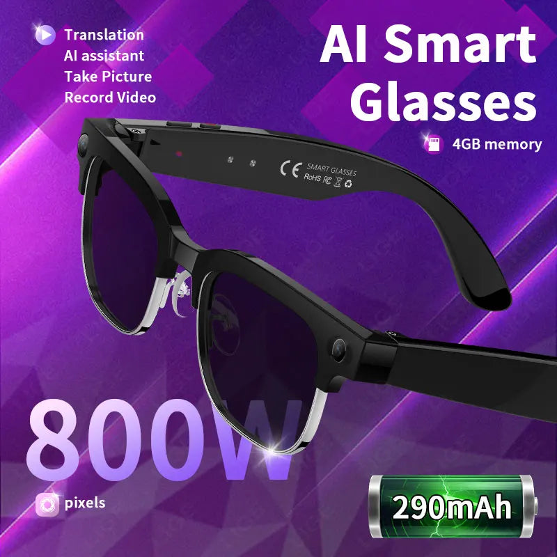 Smart Glasses AI 8 Million Pixels Recording Videos Photo Recognition Answer Translation 290mAh IP66 Waterproof Bluetooth Glasses - Electrosphere South Africa