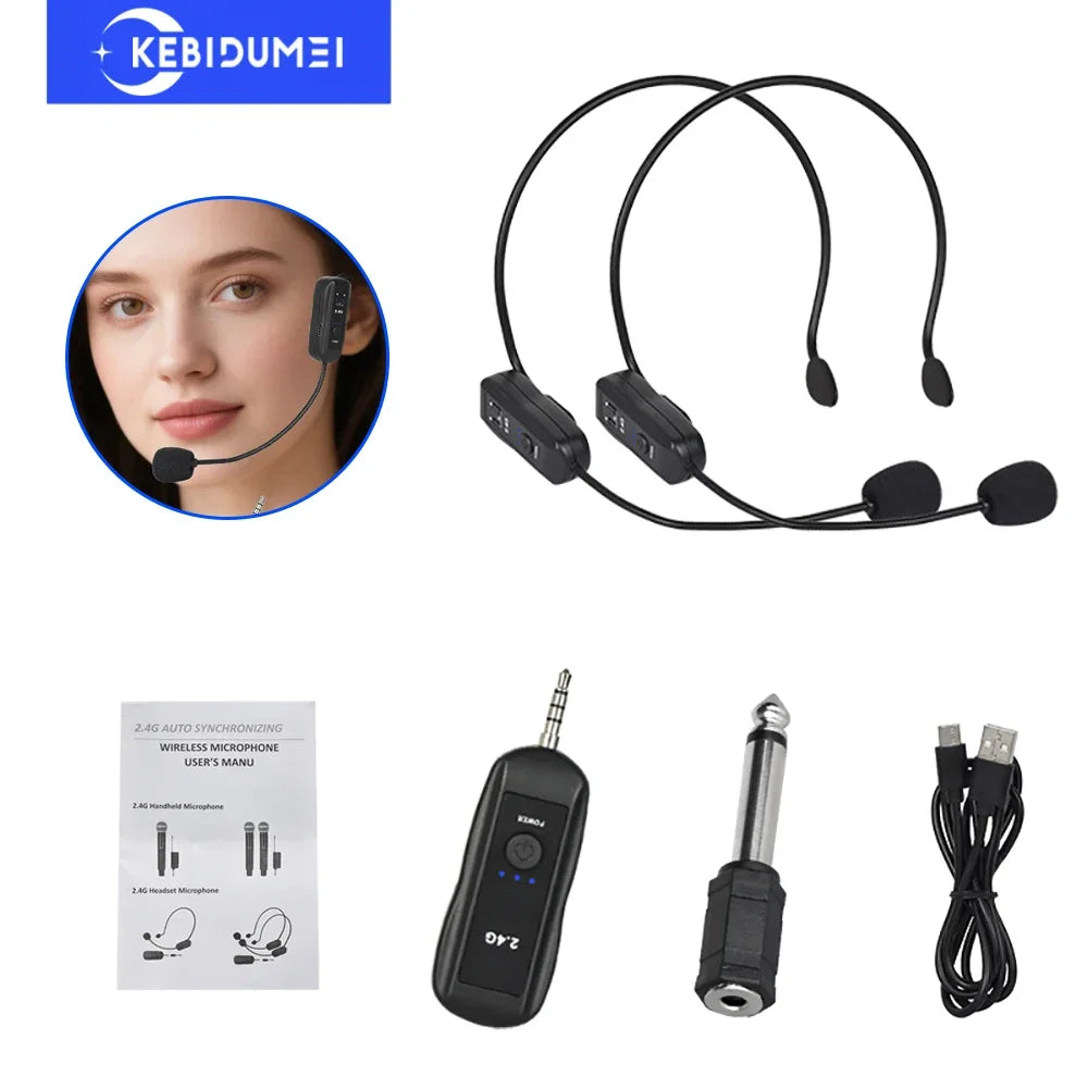 KEBIDUMEI 2.4G Head-mounted Microphone Mic Wireless Lavalier Microphone Set for Amplifier Voice Speaker Teaching Tour Guide