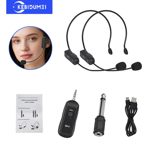 KEBIDUMEI 2.4G Head-mounted Microphone Mic Wireless Lavalier Microphone Set for Amplifier Voice Speaker Teaching Tour Guide