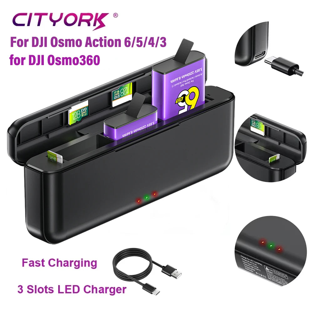For DJI Osmo Action 6 5 Pro Action 4 3 Battery with Triple LED Charger 2250mAh for DJI Osmo 6 for DJI Osmo360 + TF Storage Box