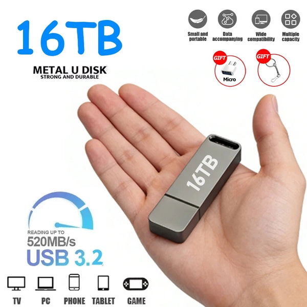 16TB USB 3.2 Metal Flash Drive - High-Speed Storage